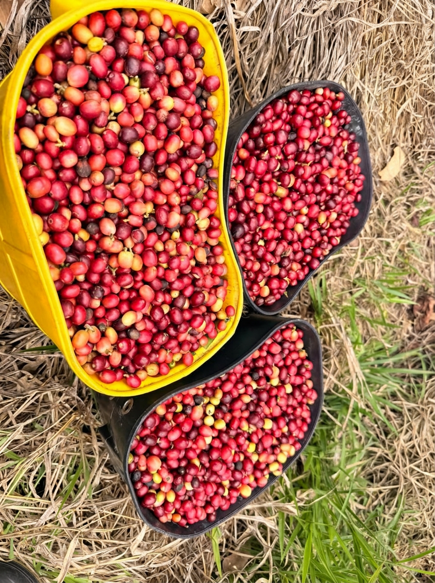 Canastas amarillas y negras llenas de cerezas de café en la finca